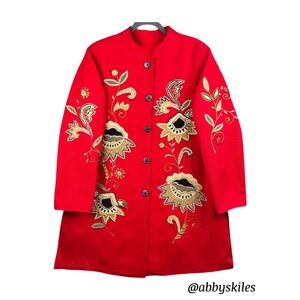 Vintage 90s Red Floral Embroidered Long Line Swing Coat Jacket Size 2X Elegant